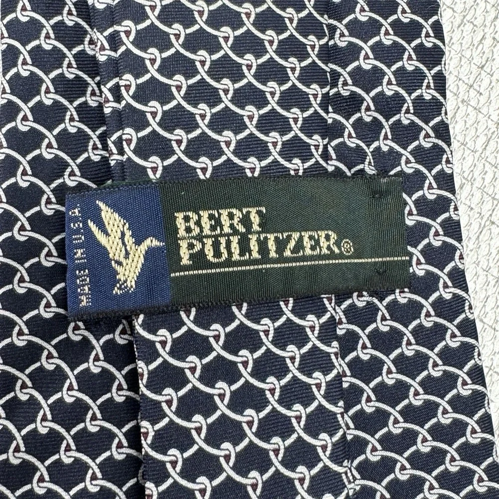 Bert Pulitzer Silk Necktie‎ Mens OS Navy Blue Chain Link Preppy Dark Academia
